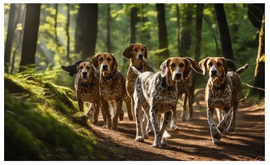  A group of six American Leopard Hounds walking together on a forest trail.