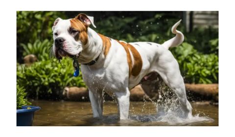 A muscular, large American Bulldog with a white coat and brown patches splashes in shallow water outdoors.